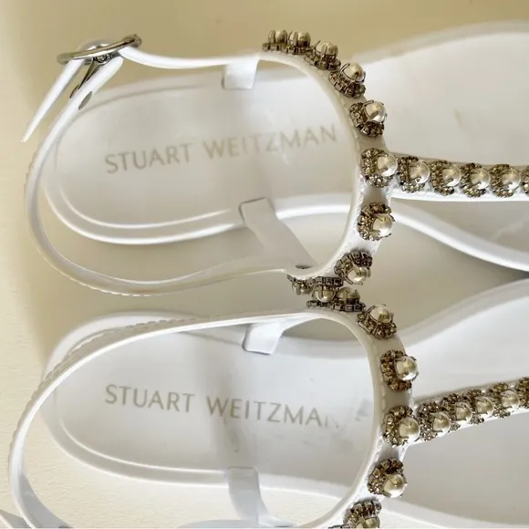 Stuart Weitzman Sandals Crystal Pearls Embellished Jelly Slingback Casual White
