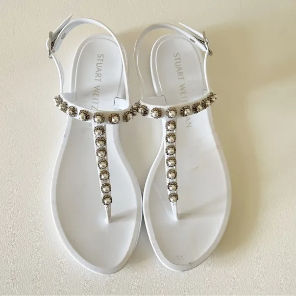 Stuart Weitzman Sandals Crystal Pearls Embellished Jelly Slingback Casual White