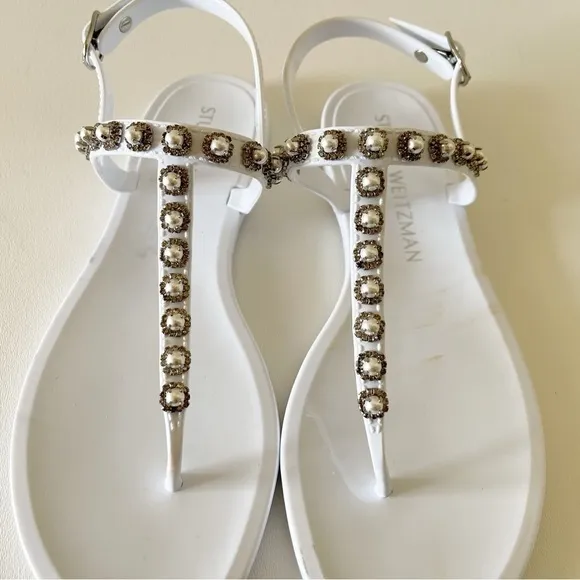 Stuart Weitzman Sandals Crystal Pearls Embellished Jelly Slingback Casual White