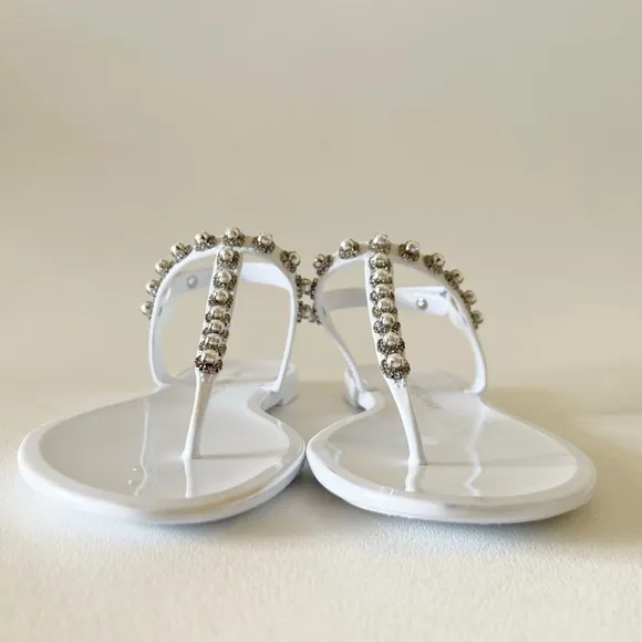 Stuart Weitzman Sandals Crystal Pearls Embellished Jelly Slingback Casual White