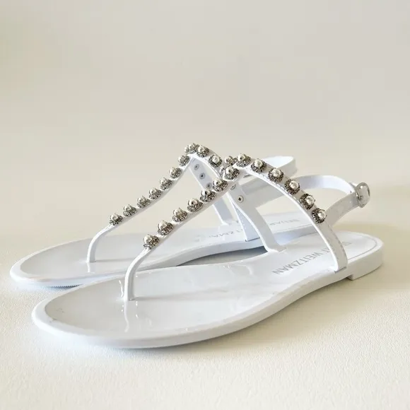 Stuart Weitzman Sandals Crystal Pearls Embellished Jelly Slingback Casual White