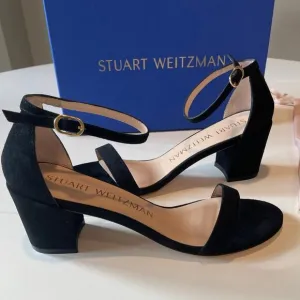 Stuart Weitzman Simple Black Suede Sandals Block Heels Size 7