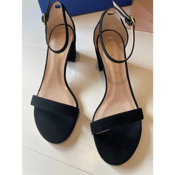 Stuart Weitzman Simple Black Suede Sandals Block Heels Size 7