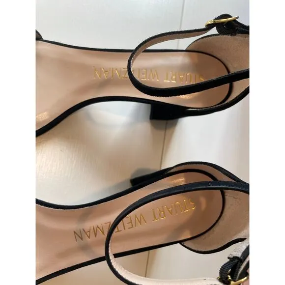 Stuart Weitzman Simple Black Suede Sandals Block Heels Size 7