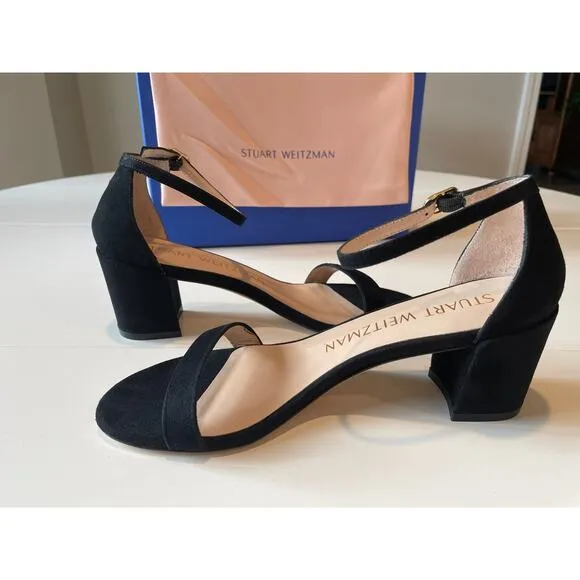 Stuart Weitzman Simple Black Suede Sandals Block Heels Size 7