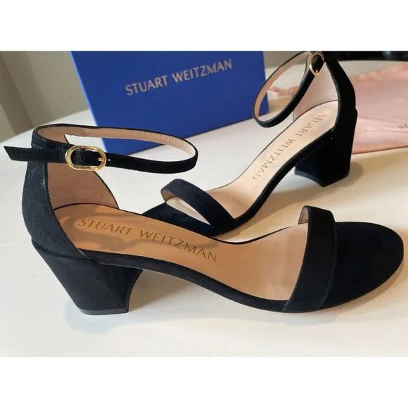 Stuart Weitzman Simple Black Suede Sandals Block Heels Size 7