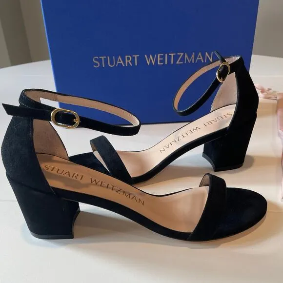 Stuart Weitzman Simple Black Suede Sandals Block Heels Size 7