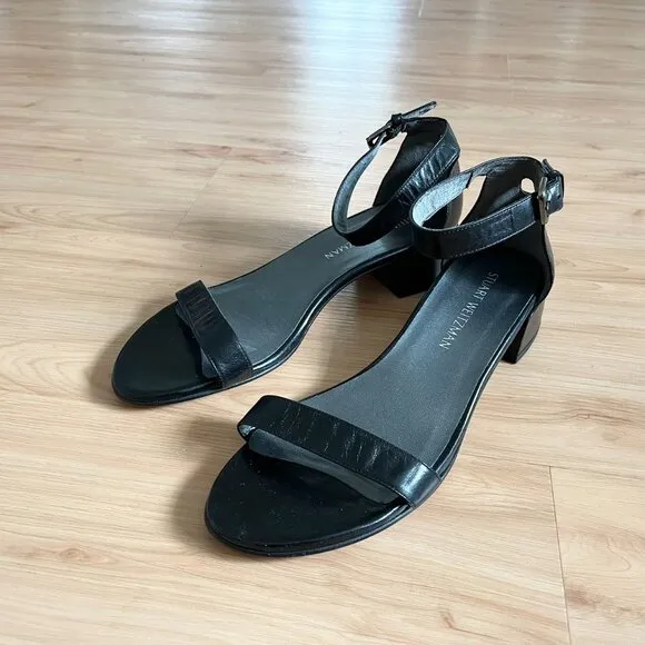 STUART WEITZMAN Simple II Block Heel Leather Sandals Size 9.0 US