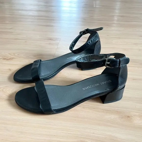 STUART WEITZMAN Simple II Block Heel Leather Sandals Size 9.0 US