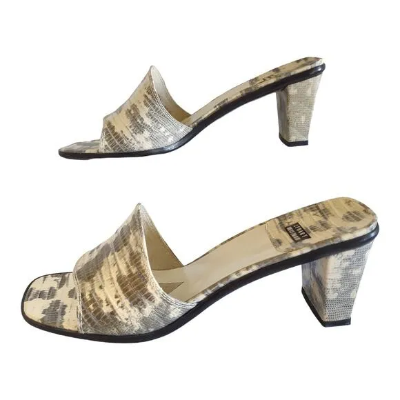 STUART WEITZMAN Snakeskin Slip-On Mules Square Heeled Sandals Gold Shimmer 8.5 B