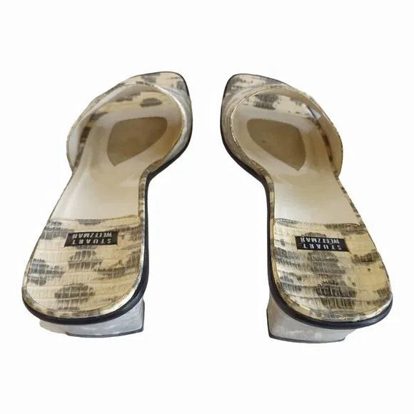 STUART WEITZMAN Snakeskin Slip-On Mules Square Heeled Sandals Gold Shimmer 8.5 B