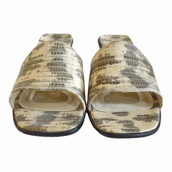 STUART WEITZMAN Snakeskin Slip-On Mules Square Heeled Sandals Gold Shimmer 8.5 B