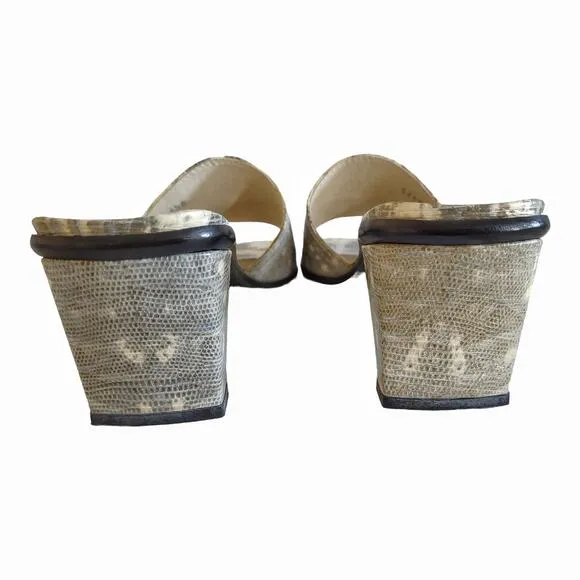 STUART WEITZMAN Snakeskin Slip-On Mules Square Heeled Sandals Gold Shimmer 8.5 B