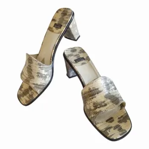 STUART WEITZMAN Snakeskin Slip-On Mules Square Heeled Sandals Gold Shimmer 8.5 B