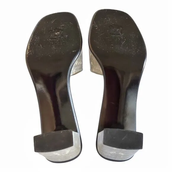 STUART WEITZMAN Snakeskin Slip-On Mules Square Heeled Sandals Gold Shimmer 8.5 B