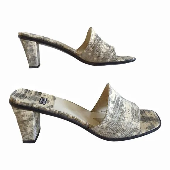 STUART WEITZMAN Snakeskin Slip-On Mules Square Heeled Sandals Gold Shimmer 8.5 B
