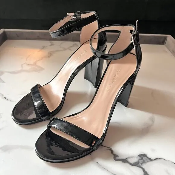 Stuart Weitzman Walkway Black Patent Leather Block Heels Sandals Size 7.5