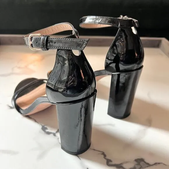 Stuart Weitzman Walkway Black Patent Leather Block Heels Sandals Size 7.5