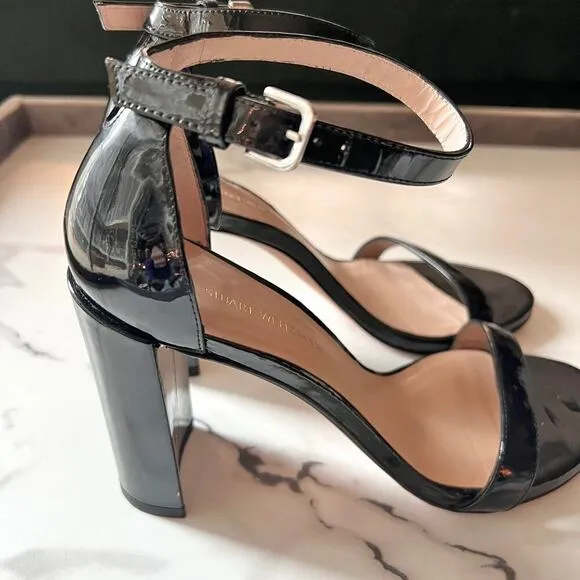 Stuart Weitzman Walkway Black Patent Leather Block Heels Sandals Size 7.5