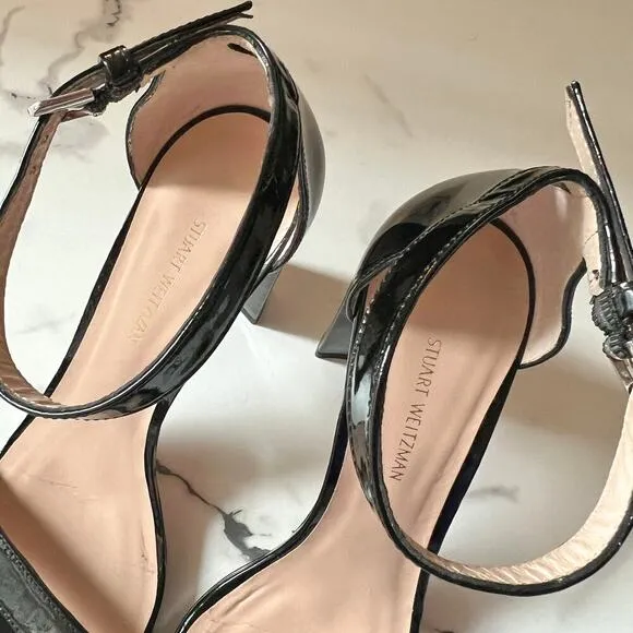 Stuart Weitzman Walkway Black Patent Leather Block Heels Sandals Size 7.5