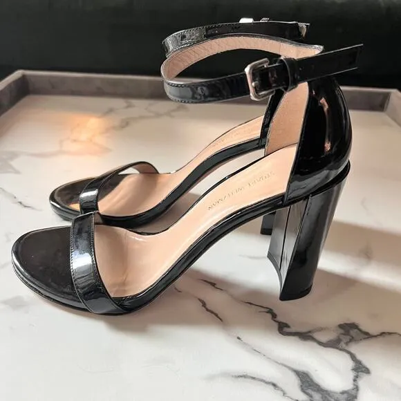 Stuart Weitzman Walkway Black Patent Leather Block Heels Sandals Size 7.5