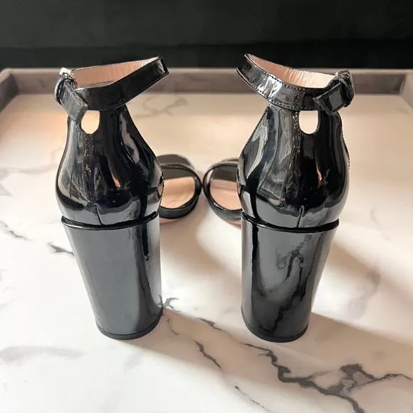 Stuart Weitzman Walkway Black Patent Leather Block Heels Sandals Size 7.5