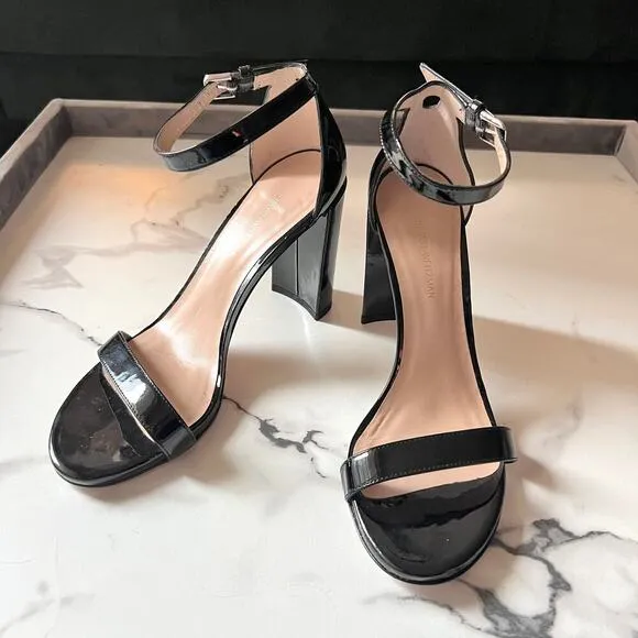 Stuart Weitzman Walkway Black Patent Leather Block Heels Sandals Size 7.5