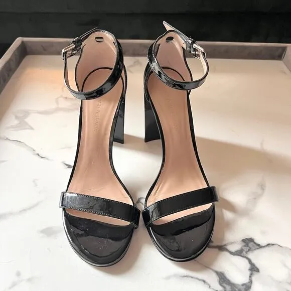 Stuart Weitzman Walkway Black Patent Leather Block Heels Sandals Size 7.5