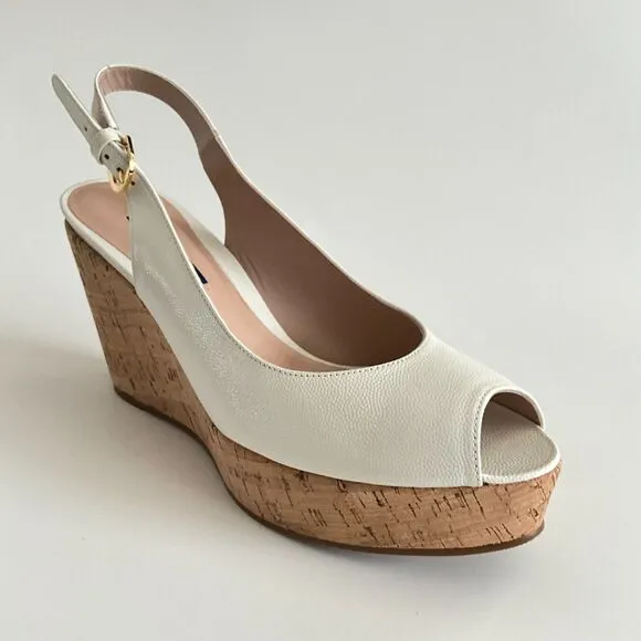 Stuart Weitzman Wedge 8.5M Beige Leather Rinna Peep-toe Sling Back Sandals