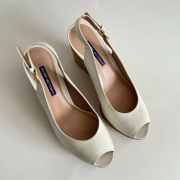 Stuart Weitzman Wedge 8.5M Beige Leather Rinna Peep-toe Sling Back Sandals