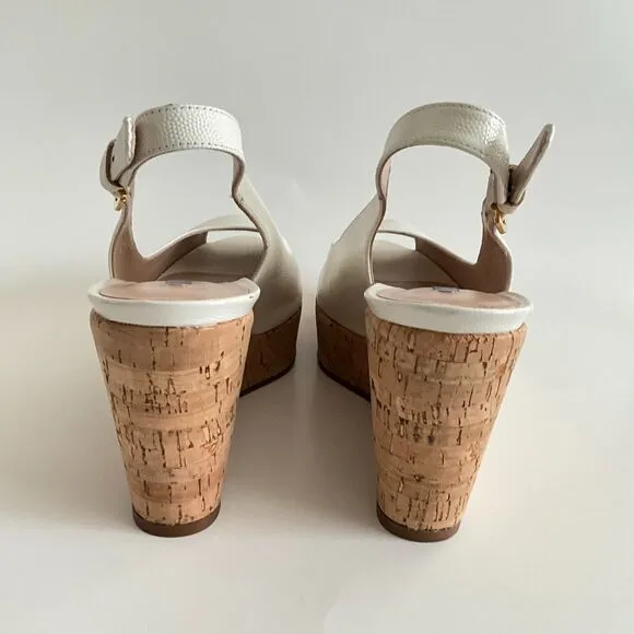 Stuart Weitzman Wedge 8.5M Beige Leather Rinna Peep-toe Sling Back Sandals