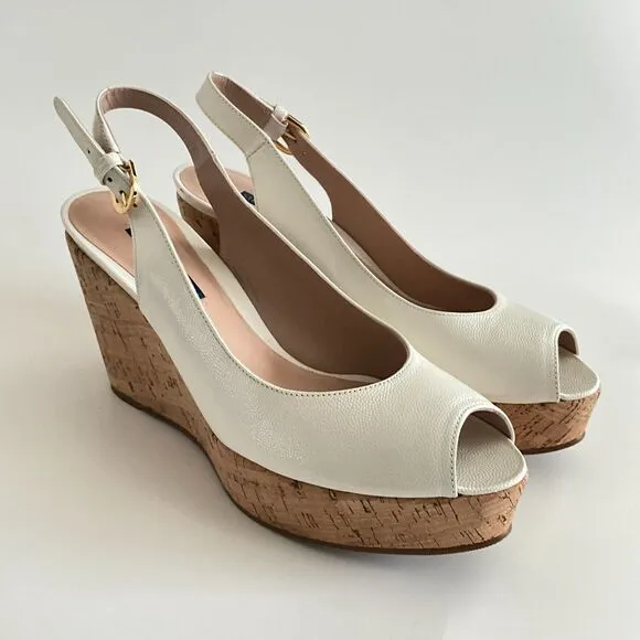 Stuart Weitzman Wedge 8.5M Beige Leather Rinna Peep-toe Sling Back Sandals