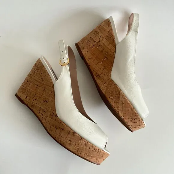 Stuart Weitzman Wedge 8.5M Beige Leather Rinna Peep-toe Sling Back Sandals