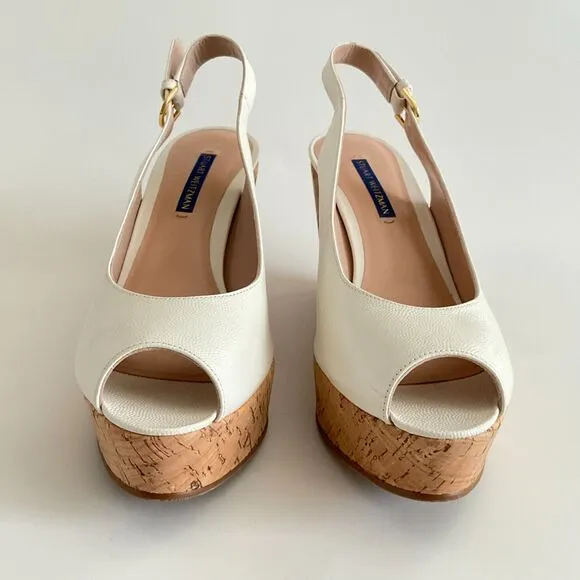Stuart Weitzman Wedge 8.5M Beige Leather Rinna Peep-toe Sling Back Sandals