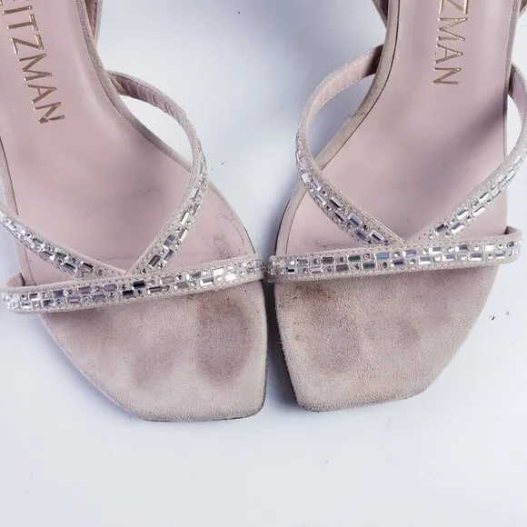 Stuart Weitzman Women's 7 Harlowe Suede Slingback Sandal Rhinestone Block Heel