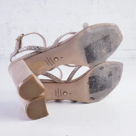 Stuart Weitzman Women's 7 Harlowe Suede Slingback Sandal Rhinestone Block Heel