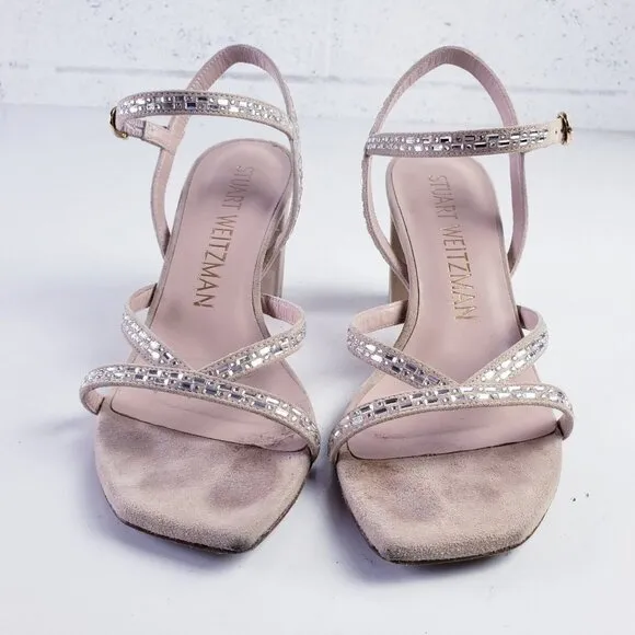 Stuart Weitzman Women's 7 Harlowe Suede Slingback Sandal Rhinestone Block Heel