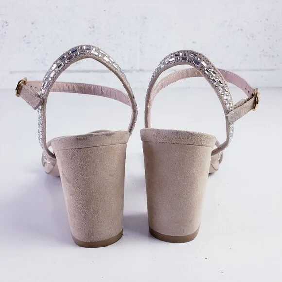 Stuart Weitzman Women's 7 Harlowe Suede Slingback Sandal Rhinestone Block Heel