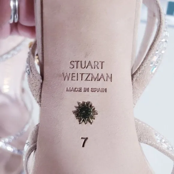 Stuart Weitzman Women's 7 Harlowe Suede Slingback Sandal Rhinestone Block Heel