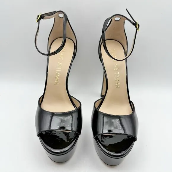 Stuart Weitzman Womens Discopatform Heeled Sandal US 11B Black Patent NIB