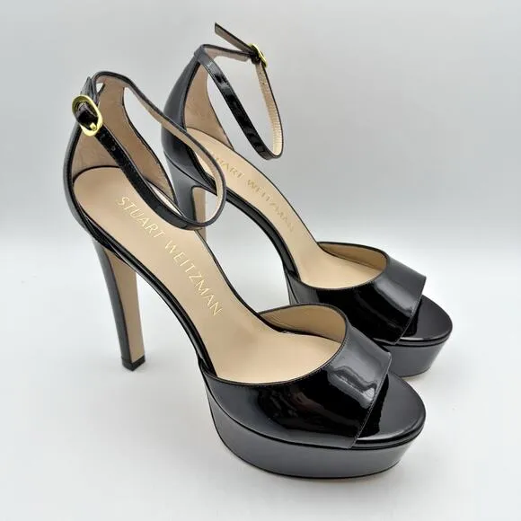 Stuart Weitzman Womens Discopatform Heeled Sandal US 11B Black Patent NIB
