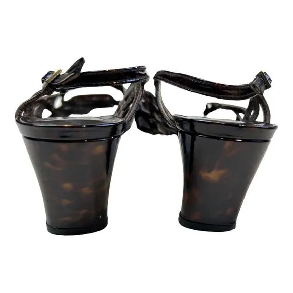 Stuart Weitzman Tangle Square Toe Patent Leather Strappy Sandals Tortoise Size 7