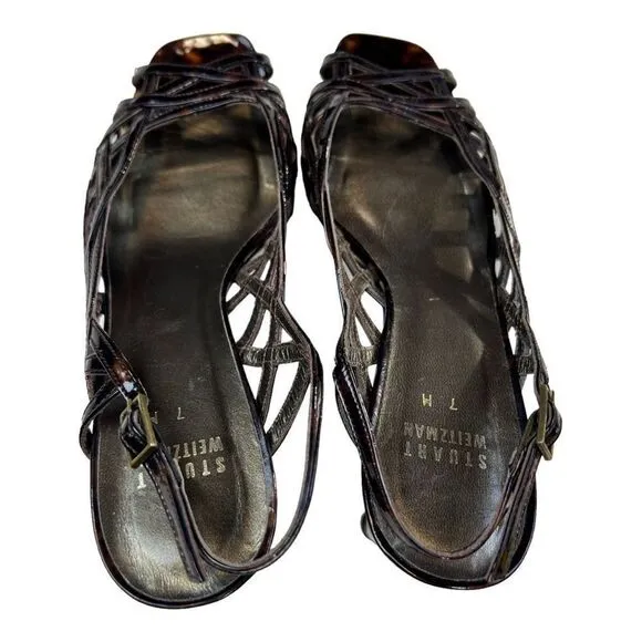 Stuart Weitzman Tangle Square Toe Patent Leather Strappy Sandals Tortoise Size 7