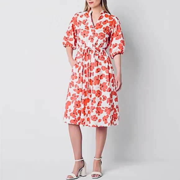 Studio 1 Womens Short Sleeve Floral Midi Fit   Flare Dress Sz 10 Brand New
