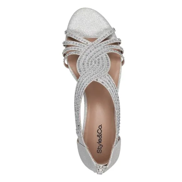 Style &amp; Co Ginifur Embellished Strappy Wedge Sandals Silver Size 9.5