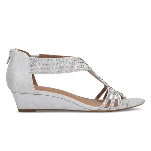 Style &amp; Co Ginifur Embellished Strappy Wedge Sandals Silver Size 9.5
