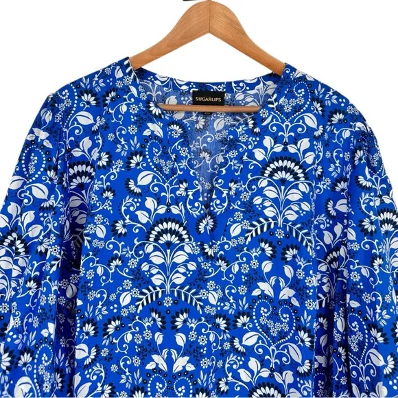 Sugarlips Lulu Floral Dixie Split Neck Shift Dress Light Blue size 2X NWOT