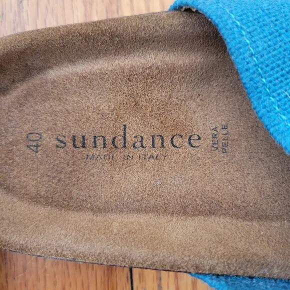 Sundance 9 9.5 Blue Leather Canvas Sandals Cork Insole 40 Open Toe Comfort