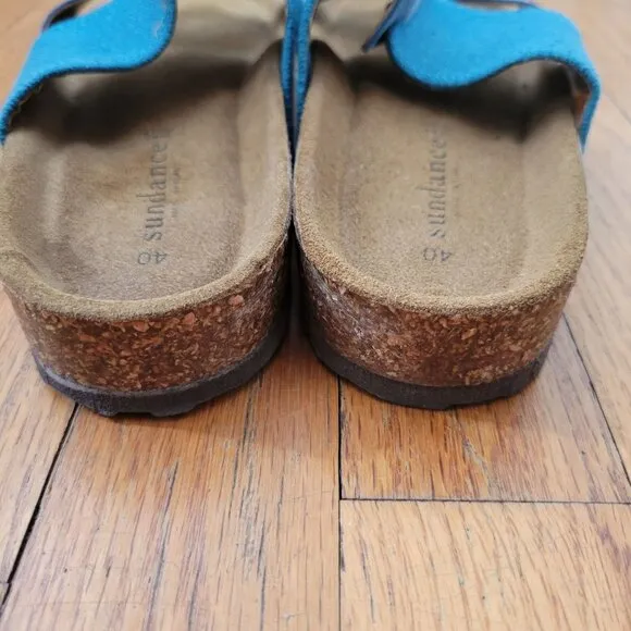 Sundance 9 9.5 Blue Leather Canvas Sandals Cork Insole 40 Open Toe Comfort
