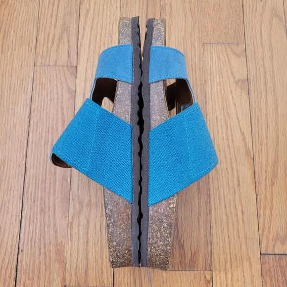 Sundance 9 9.5 Blue Leather Canvas Sandals Cork Insole 40 Open Toe Comfort
